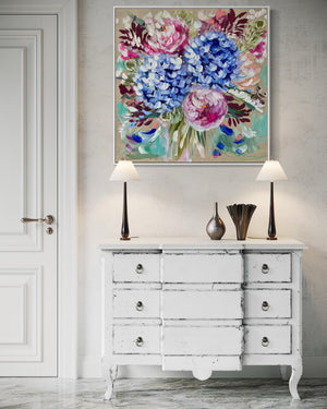 Peony and hydrangea bouquet-original on Belgian linen -76 x76 Cm