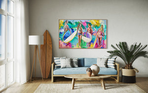 Surf girls at sunrise - original on gallery canvas 90x150  cm