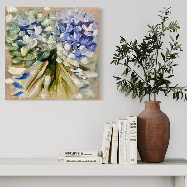 Blue hydrangeas -original on Belgian linen - 30x30 cm