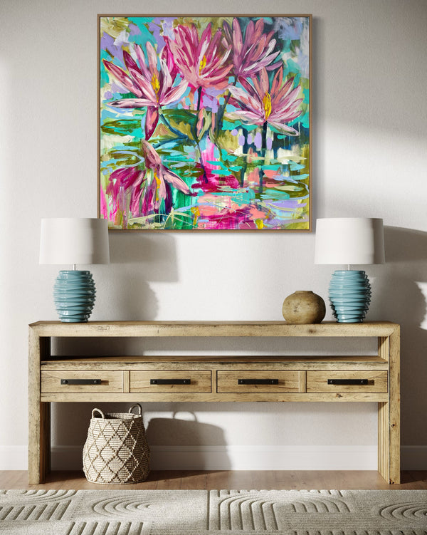 Magenta waterlily -original on belgian linen  - 90x90 Cm