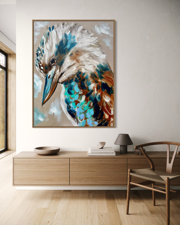 Azure kookaburra - original on Belgian linen 75x100  cm