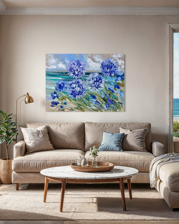 Hamptons coastal agapanthus - original on Belgian linen  - 75x100 Cm