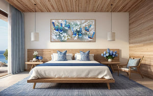 Blue Wrens and cherry blossom -Original on Belgian linen  75x150 Cm