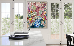 Protea , bush wattle and blue wrens -Original on belgian linen-  90x120 Cm