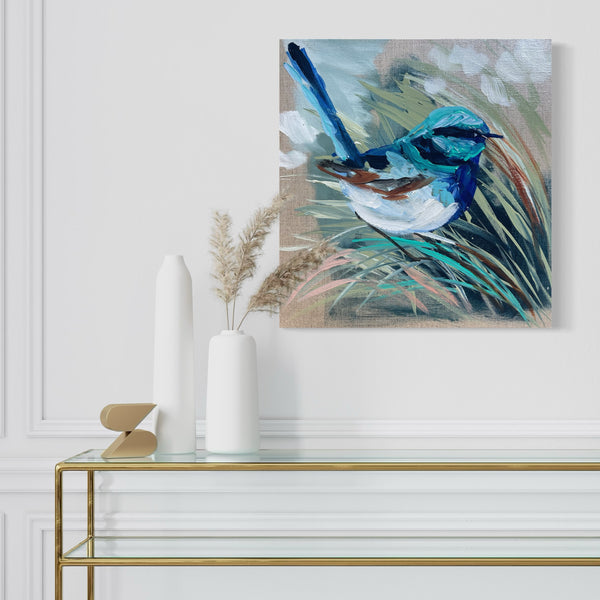 Petite wren 2-original on Belgian linen - 30x30 cm