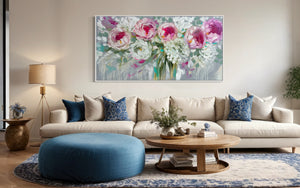 Romance  peony and hydrangea -Original on gallery canvas 75x150 cm