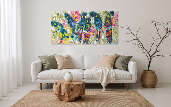 Black cockatoos and banksia -Original on Belgian linen  75x150 Cm