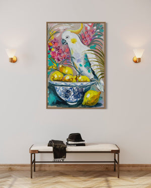Cockatoo and Lemons -60x90 cm - original on Belgian linen