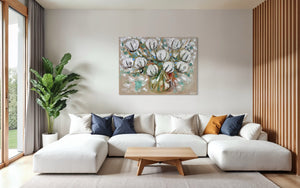 Australian cotton blooms , wheat and Willy wagtails -Original on gallery canvas  90x120 cm