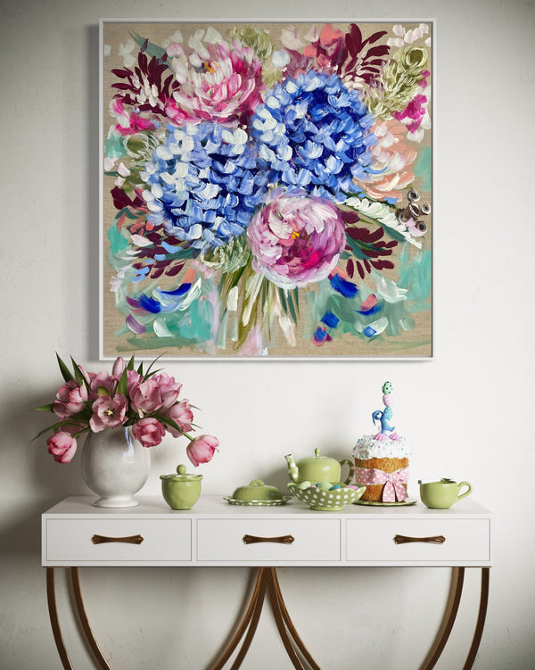 Peony and hydrangea bouquet-original on Belgian linen -76 x76 Cm