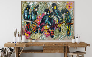 Forest Party Cockatoos -Original on Belgian linen  90x120  Cm