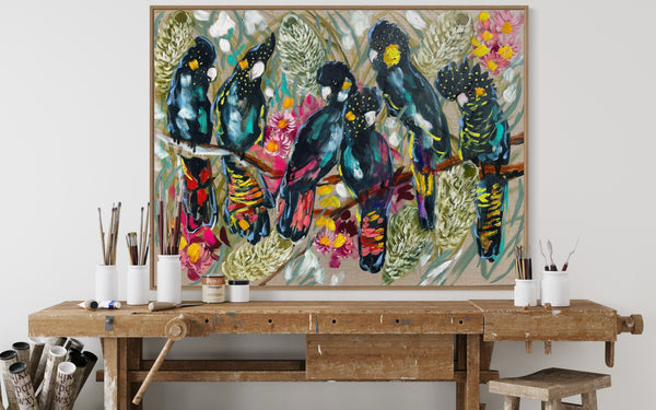 Forest Party Cockatoos -Original on Belgian linen  90x120  Cm