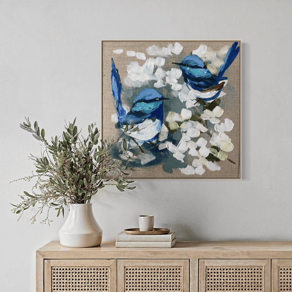 Blue wrens and blossoms 1-original on Belgian linen 30x30 cm