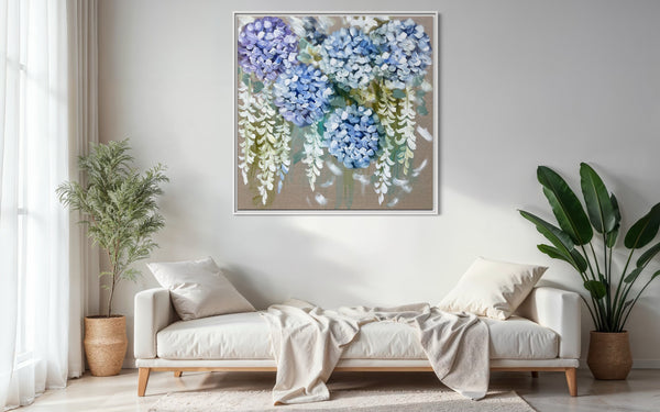 Home sweet home hydrangeas -original on Belgian linen   - 90x90 Cm