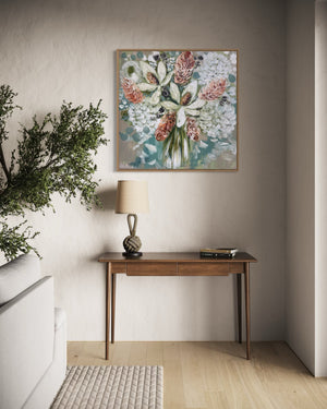 Delicate magnolia and bush blooms - 76x76cm -original on Belgian linen