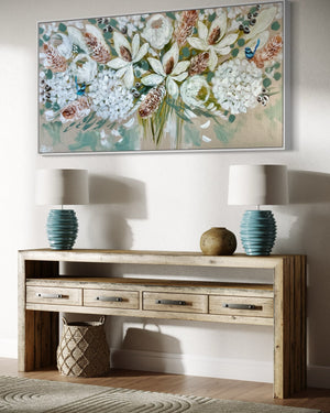 Elegant white Blooms and banksia  - Original on Belgian linen  75x150 Cm