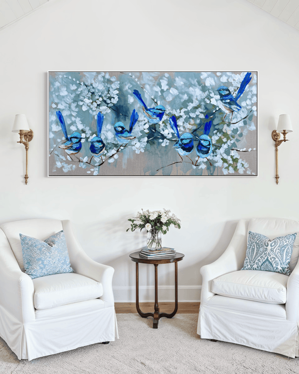 blue wrens and white blossoms- Original on Belgian linen  75x150 Cm