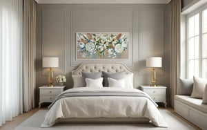 White magnolia and hidden blue wrens -Original on belgian linen 75x150 cm