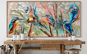 Kingfishers and native bulrushes -Original on Belgian linen  75x150 Cm