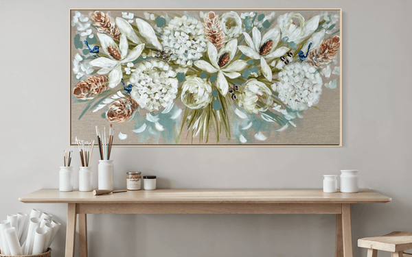Elegant white Blooms and banksia  - Original on Belgian linen  75x150 Cm
