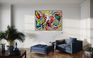Australian birds of paradise -Original on Belgian linen  90x120  Cm