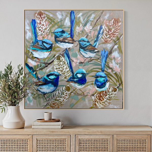 Blue wren gathering  -original on Belgian linen   - 90x90 Cm