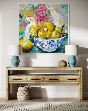 Tutti Fruiti Cockatoos -original on Belgian linen   - 90x90 Cm