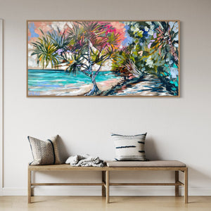 Early morning walk - laguna bay - noosa -Original on Belgian linen  75x150 Cm