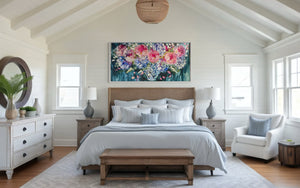 Moonlit peony and hydrangea -Original on gallery canvas 75x150 cm