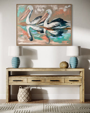 Pelicans at Sunset - original on Belgian linen  - 75x100 Cm