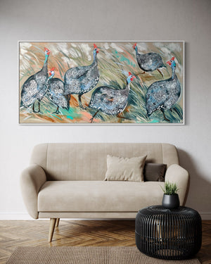 Guinea fowls foraging- Original on Belgian linen  75x150 Cm