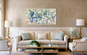 Serene wrens and cherry blossoms -Original on Belgian linen  75x150 Cm