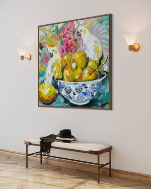 Tutti Fruiti Cockatoos -original on Belgian linen   - 90x90 Cm