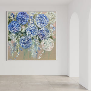 Pastel hamptons hydrangea - original on belgian linen 120x120 cm
