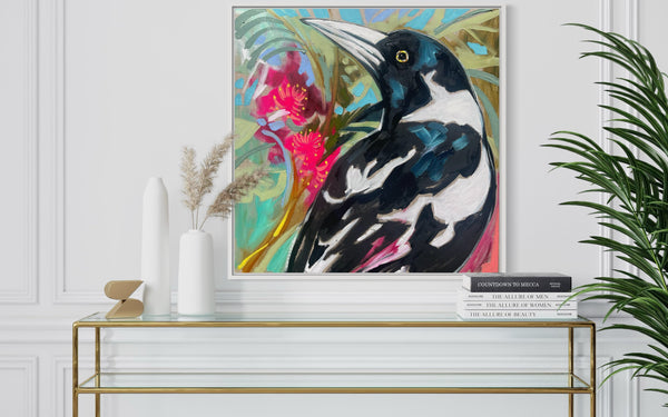 Tropical magpie - 60x60 cm - original on Belgian linen