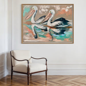 Pelicans at Sunset - original on Belgian linen  - 75x100 Cm