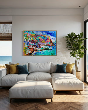 Azure coastline- Cinque Terre- original on Belgian linen 75x100  cm