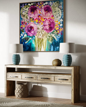 Midnight Peony and banksia -original on gallery canvas - 90x90 Cm