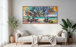 Morning Glow - laguna bay Original on belgian linen 75x150 cm