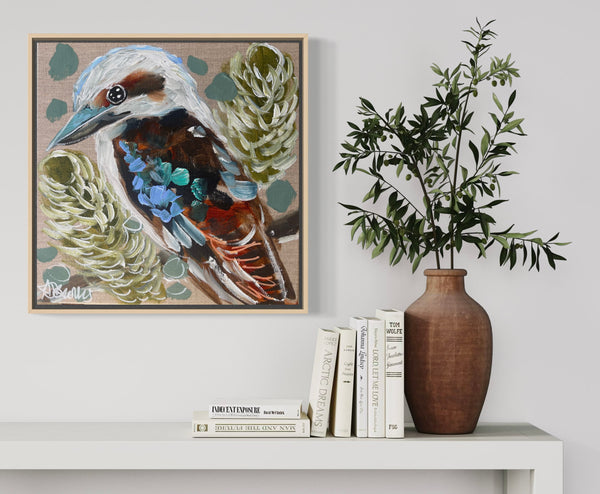 Kookaburra 3- original on Belgian linen 30x30 cm