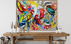 Australian birds of paradise -Original on Belgian linen  90x120  Cm