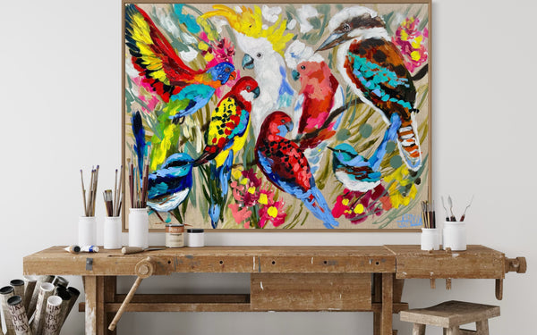 Australian birds of paradise -Original on Belgian linen  90x120  Cm