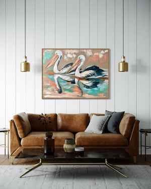 Pelicans at Sunset - original on Belgian linen  - 75x100 Cm