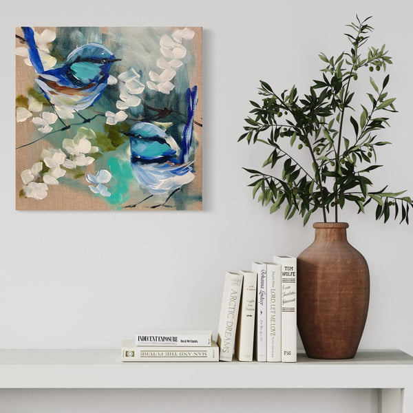 Blue wrens and blossoms  -original on Belgian linen - 30x30 cm