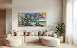 Morning Glow - laguna bay Original on belgian linen 75x150 cm