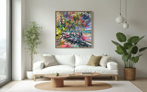 Sunny Life - Noosa Main Beach -original on Belgian linen - 90x90 Cm