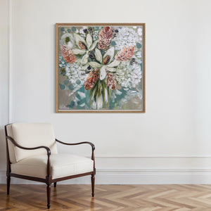 Delicate magnolia and bush blooms - 76x76cm -original on Belgian linen