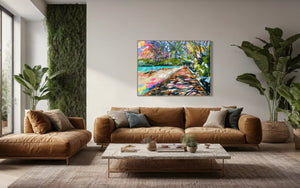 Shady Pandanus Palms - Noosa boardwalk- Original on Belgian linen 90x120  Cm