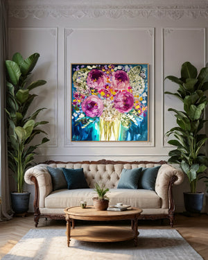 Midnight Peony and banksia -original on gallery canvas - 90x90 Cm