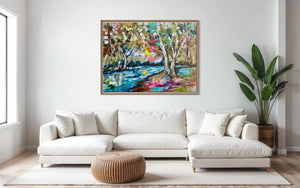 Dappled light and river gums -Original on Belgian linen  90x120  Cm